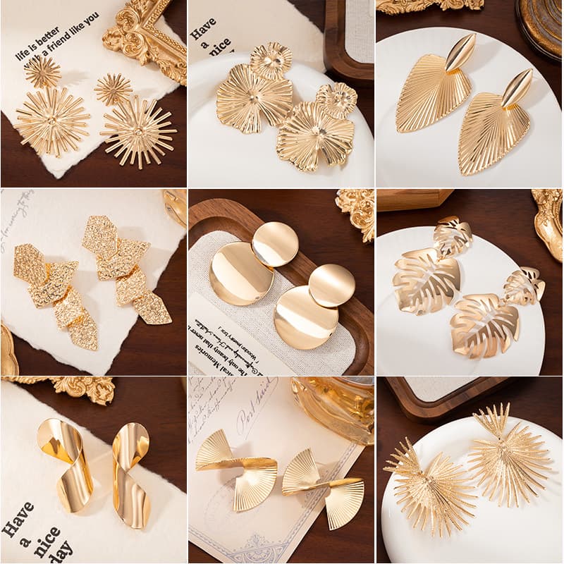 European and American Personality Metal Style Exaggerated Leaf Earrings Retro Hollow Butterfly Design Sense Geometric Drawing Silver Apricot Earrings