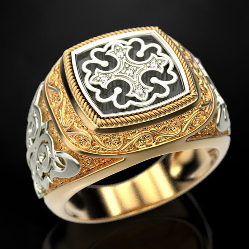 Zhen Rong wish new all-flower plated 18k gold two-color ring European and American retro engraved pattern men's engagement ring
