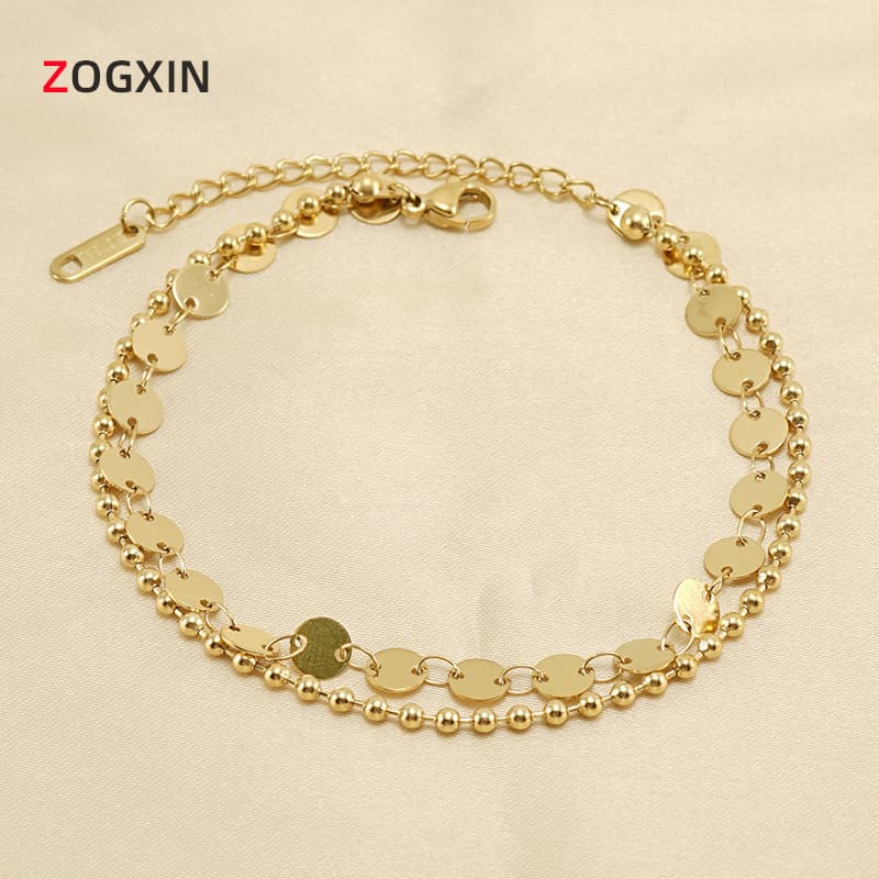 New European and American Stainless Steel Double-Layer Stacked Anklets for Women, Fashionable and Versatile Titanium Steel Round Splicing Anklets and Foot Accessories Wholesale