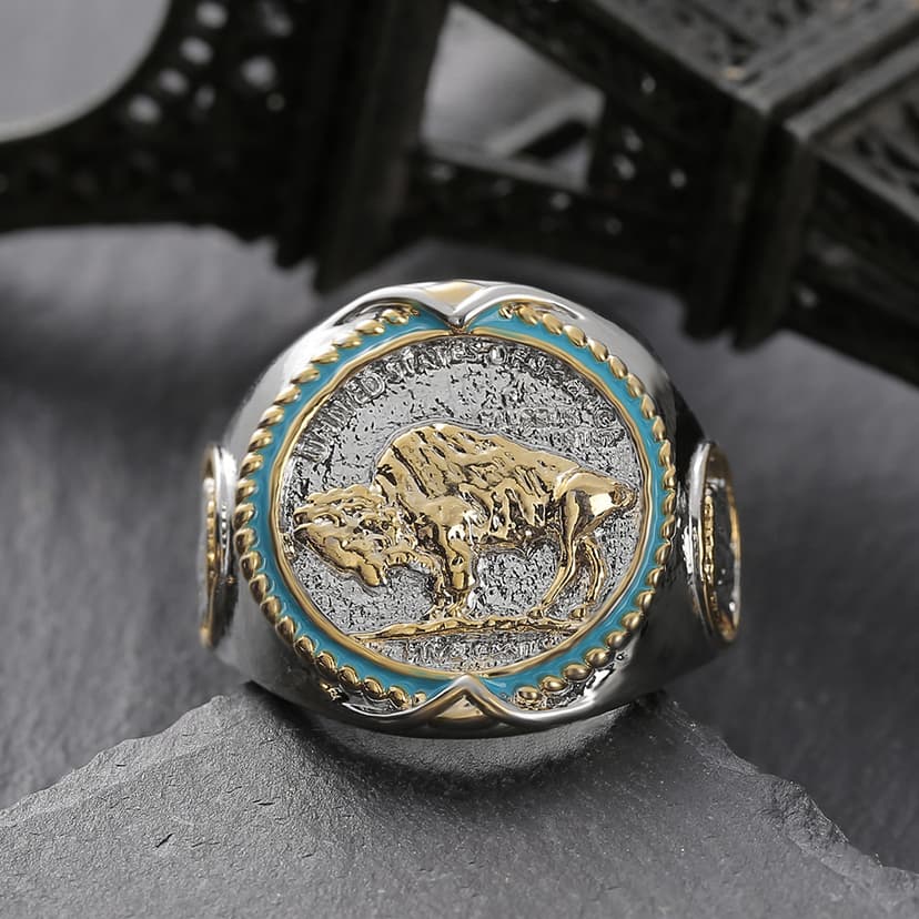 Zhen Rong Wish Memorial Buffalo Nickel US West Denim Viking Bicolor Ring Male