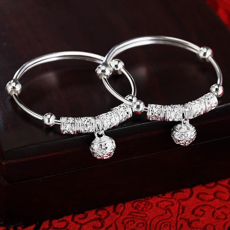Children's Baby Bell Palace Bell Bracelet Men's and Women's Baby Sterling Silver Plated Bracelet Birth Full Moon Gift Silver Jewelry