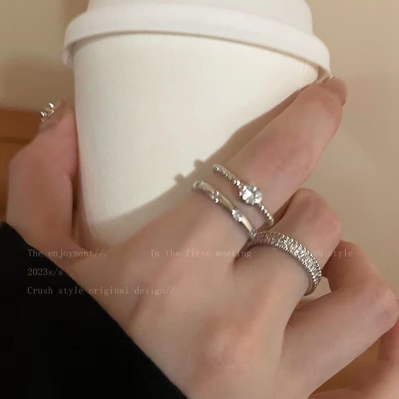 European and American Cross-Border New Style Simple Ring Women's Personalized Plain Ring Zircon Open Ring Three-Piece Set of Hand Jewelry Wholesale