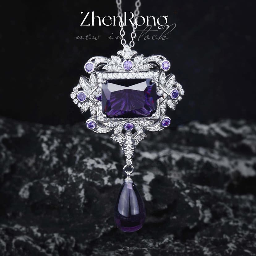 TF Home High Jewelry Exhibition Luxury Full Diamond Purple Diamond Pendant French Retro Elegant Color Treasure Water Drop Necklace