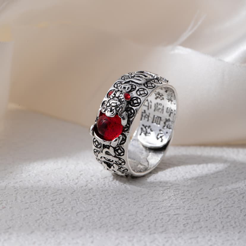 Retro Transporter Golden Toad Aggressive Six-character True Words Heart sutra Ring Lucky Garnet Pixiu Adjustable Ring