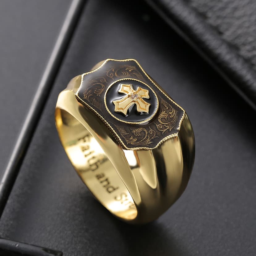 Zhen Rong wish European and American Creative 18k Gold Simulation Black Onyx Cross Faith and Power Men's Ring