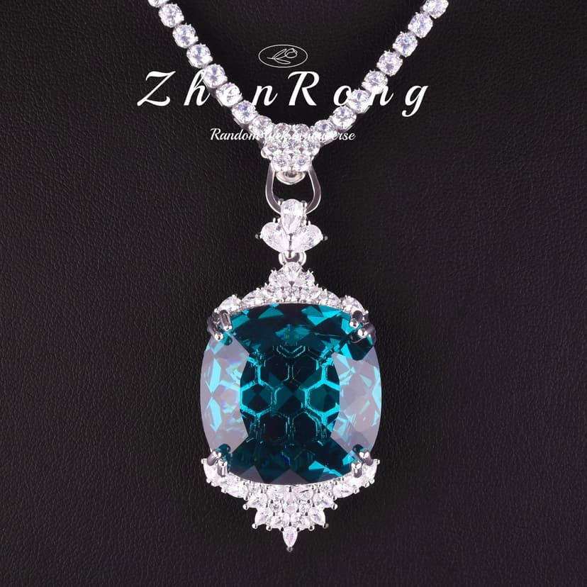 European and American Temperament Exaggerated Fat Square London Blue Pendant Light Luxury All-match Fanta Diamond Sea Blue Diamond Color Treasure Necklace for Women