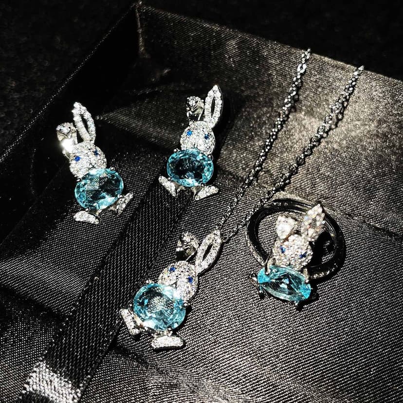 Micro-inlaid full diamond little cute rabbit earrings imitation natural sky blue topaz pendant cute open rabbit ring for women