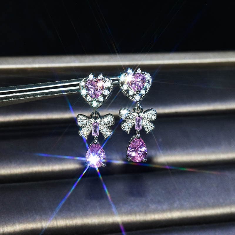 Super Fairy Design Pink Crystal Retro Ocean Heart Bow Earrings Earrings Sweet South Korea Elegant Earrings for Women