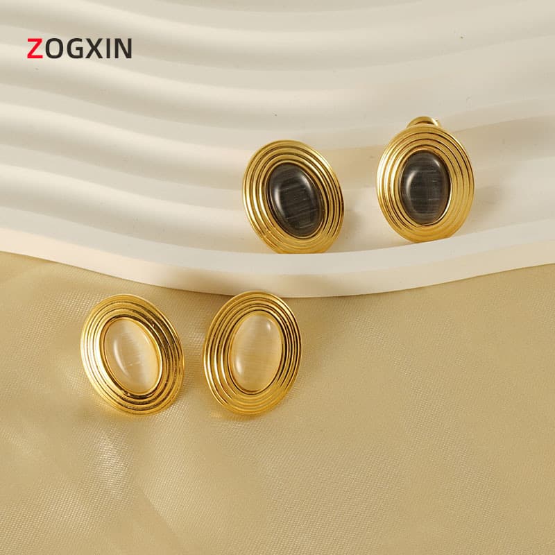 New European and American Stainless Steel Natural Stone Earrings for Women 18K Simple Retro Light Luxury Hong Kong Style Earrings INS Earrings Wholesale