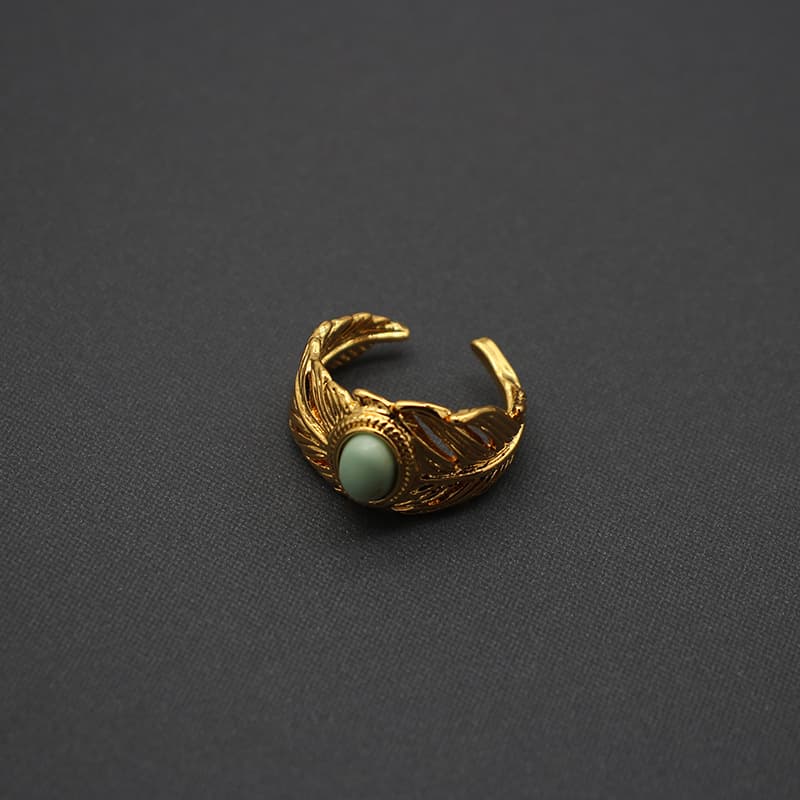 Qingdao Foreign Trade Jewelry Feather Turquoise Adjustable Ring C Earrings Copper Plated with 18K Gold