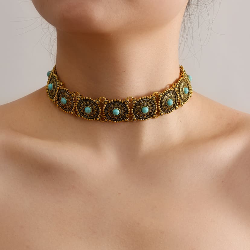 Cross-Border European and American Style Retro Alloy Round Women's Fashion Item Vacation Travel Party Necklace