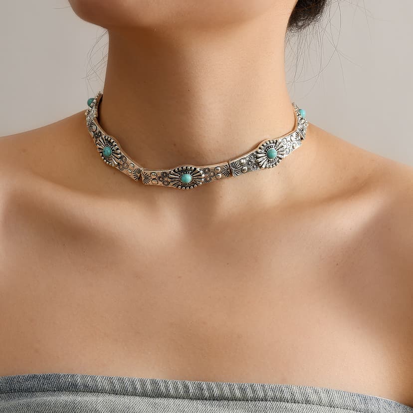 Gypsy European and American Design Necklace, Fashionable Alloy Inlaid Turquoise Necklace, Women's Elegant Collarbone Chain