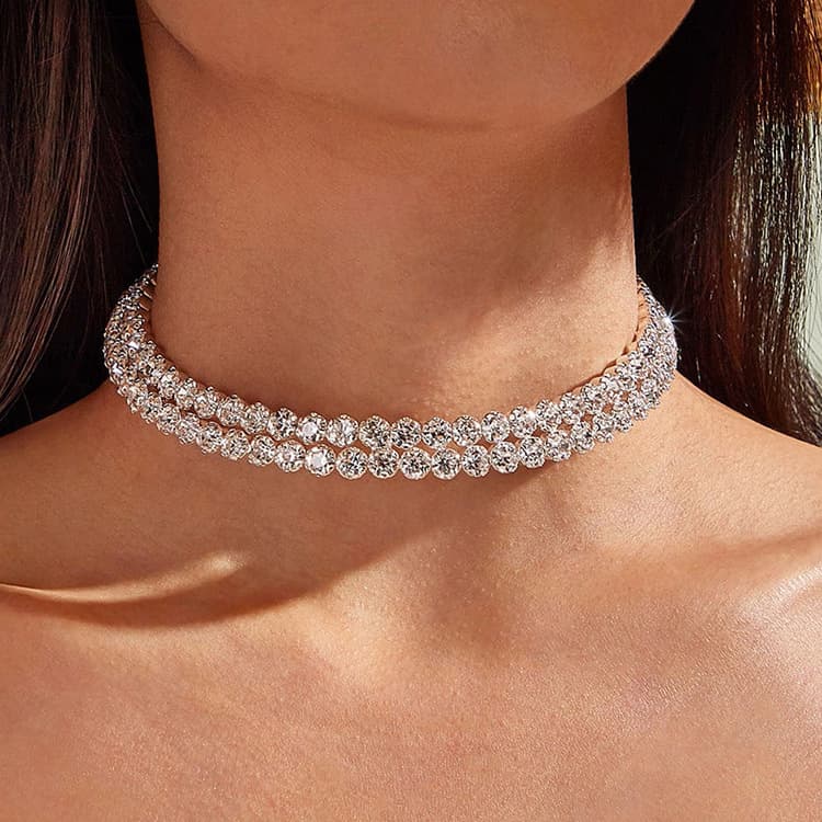 Rhinestone Necklace Flower Double-layer Necklace Ins Fashionable Neck Jewelry Cyber Celebrity Necklace Bride Wedding Collar N5736