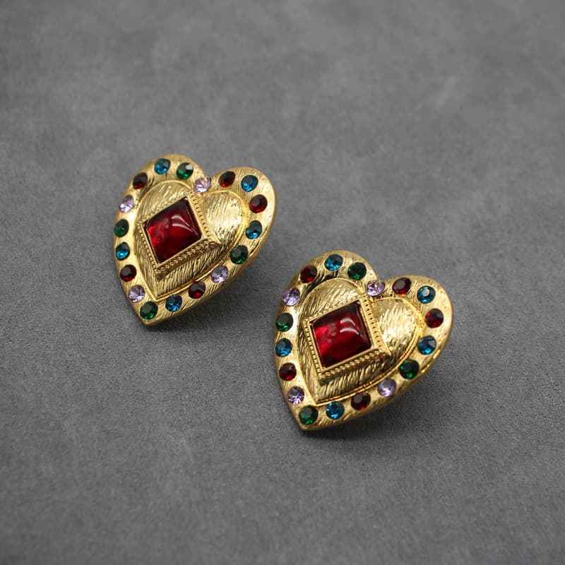 Middle Ancient Vintage Style Love Pearl Earrings Colorful Gem Exaggerated Free Retro Earrings 925 Silver Pin Nostalgia
