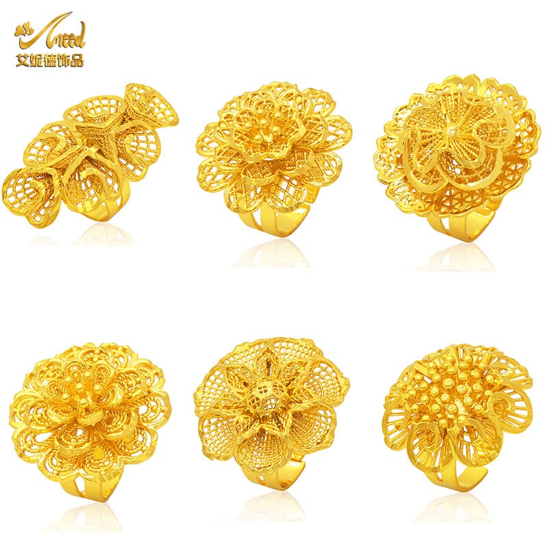 Enid African Dubai Bride 24k Gold Plated Copper Ring European American Nigerian Women's Wedding Flower Ring