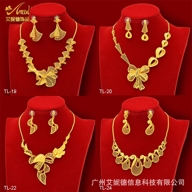 Vietnam sand gold women's suit brass gold plated flower necklace earrings hollow carved jewelry manufacturer in stock lot