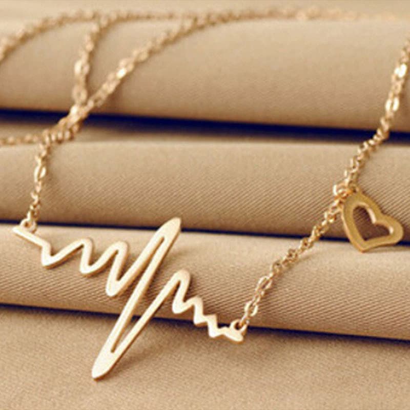 Korean ECG Necklace Love Shape Imitation Titanium Steel Heartbeat Peach Heart Women's Pendant Clavicle Chain Color Gold Jewelry N3242