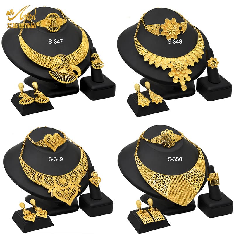 24K Gold Plated Arabian Women Bride Necklace Earrings Ring Bracelet India Women Jewelry Set Spot