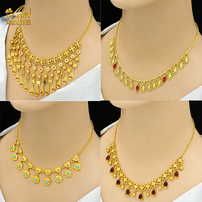 Dubai African bridal gold-plated pendant tassel necklace jewelry Xinjiang Women's wedding brass jewelry factory wholesale