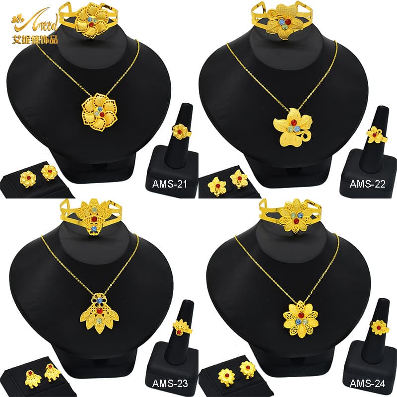 European and American sand gold pendant 24k gold plated jewelry suit necklace earrings bracelet ring jewelry flower cross-border wholesale