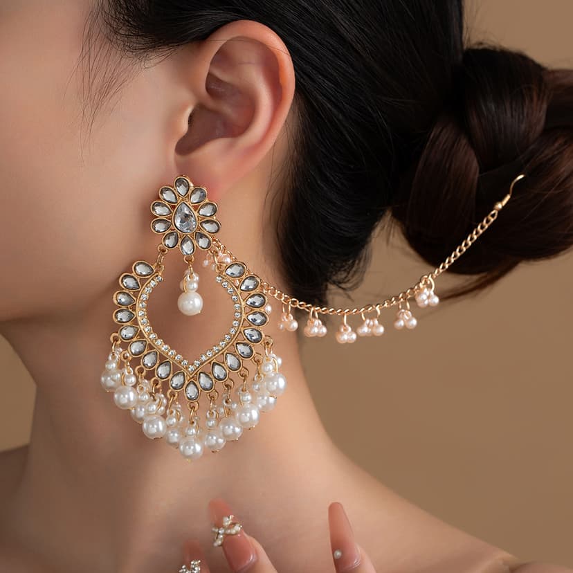 Cross-Border Luxury Water Drop Rhinestone Pearl Tassel Earrings Set with Chain for Women Ethnic Style Personalized Jewelry Set