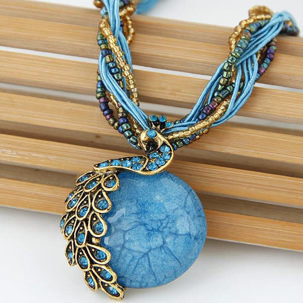 Purely Handmade Bohemian Style Retro Peacock Gemstone Elegant Ladies Rice Bead Necklace