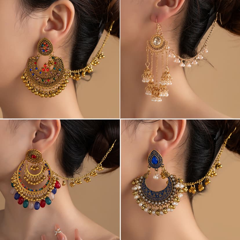Indian Luxury Water Drop Rhinestone Pearl Tassel Earring Set with Chain for Women, Ethnic Style Personalized Jewelry Set