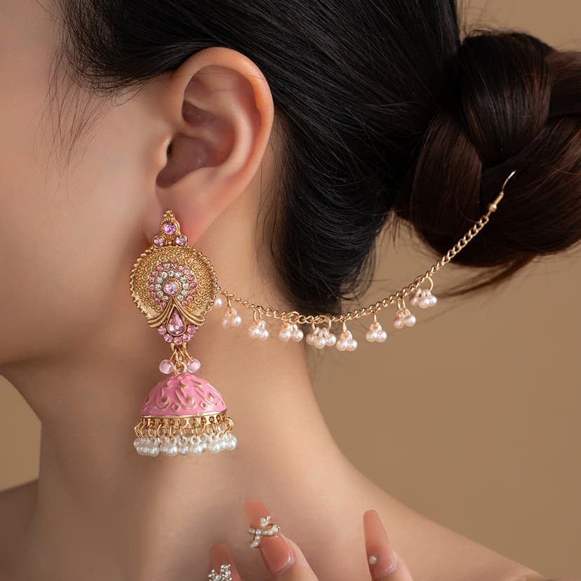 Indian Style Exaggerated Rhinestone Pearl Bell Tassel Earrings Set for Women Colorfulful Handmade Traditional Ethnic Style Earrings