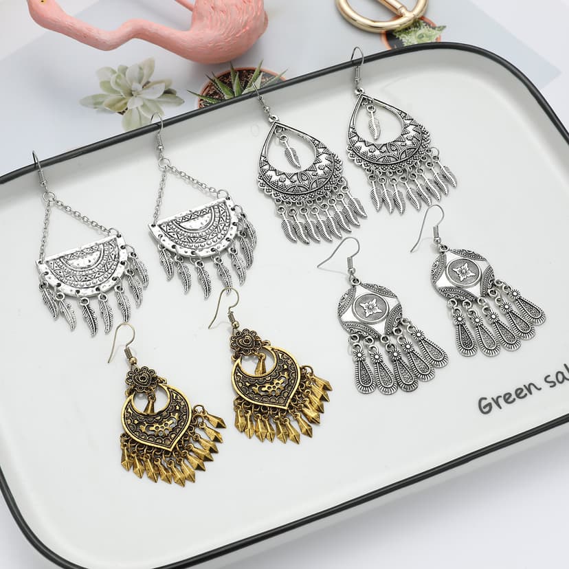 Fashionable Silver Bell Tassel Earrings, Ethnic Style Niche Design, Classical Pattern Alloy Earrings for Women