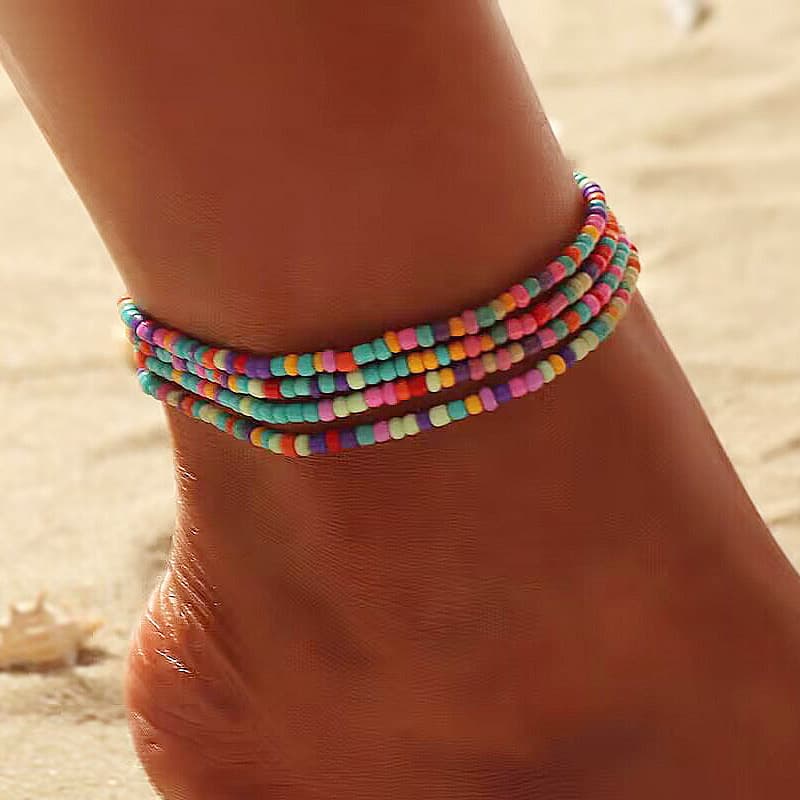 European and American Cross-border Fashion Concise Bohemian Style Fine Rice Beads Winding Four-layer Temperament Women's Foot Chain