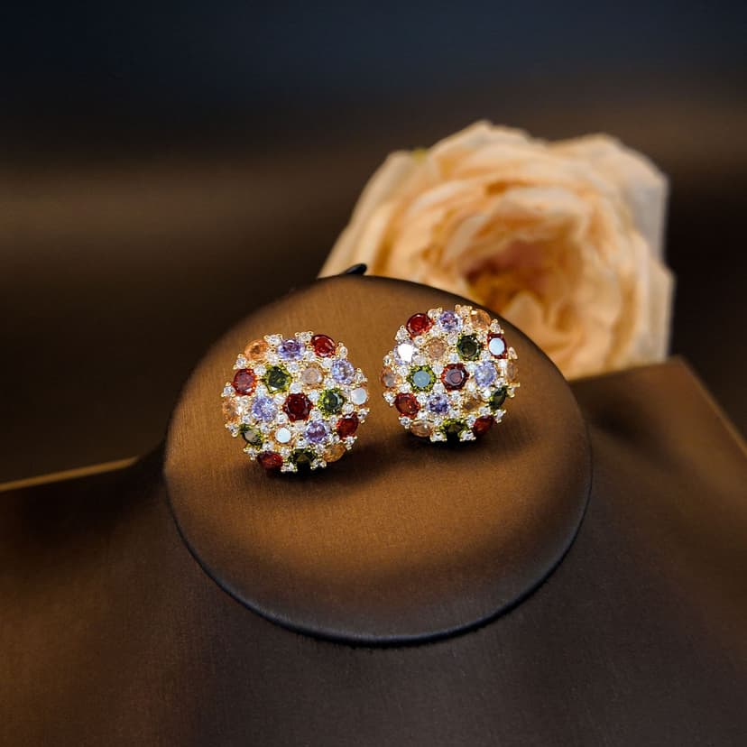 High-grade hexagon mixed color copper inlaid zirconium earrings women's retro fashion temperament niche design commuter jewelry wholesale