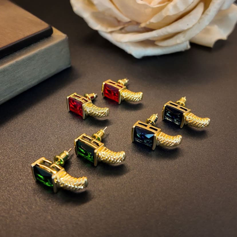 High-End Light Luxury Retro Red, Green and Blue Rectangular Small Tail Earrings for Women, Fashionable, Simple, Compact, Commuter Jewelry Wholesale