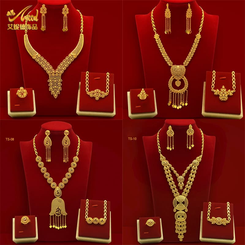 Middle East Dubai wedding jewelry suit ethnic style brass gold plated imitation gold necklace earrings ring bracelet