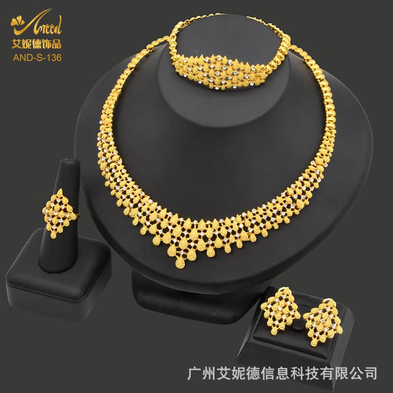 Supply Dubai 24k Gold Bride Wedding Necklace Earrings Ring Bracelet India Women Jewelry Set Women