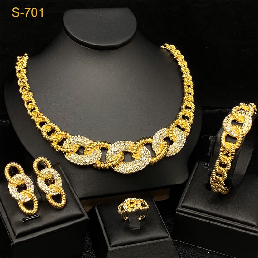 Cross Border 24K Gold Dubai Bride Necklace Earrings Bracelet Ring India Nigeria Middle East Necklace Set Batch