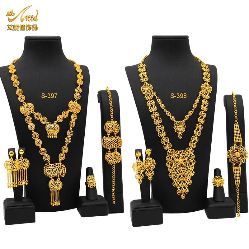 Gold-Plated Pendant Jewelry Set Bridal Wedding Jewelry Sand Gold Long Necklace Bracelet Ring Earrings Cross-Border Best-Selling Model