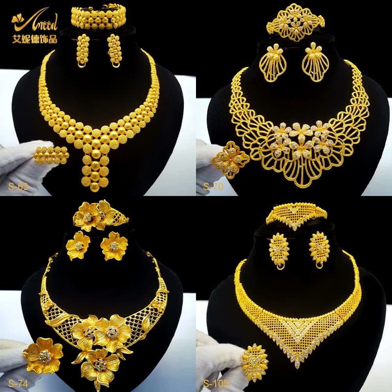 24K Dubai Alloy Set Europe and America Africa Popular Flower Exaggerated Necklace Four-piece Earrings Bracelet Ring Batch