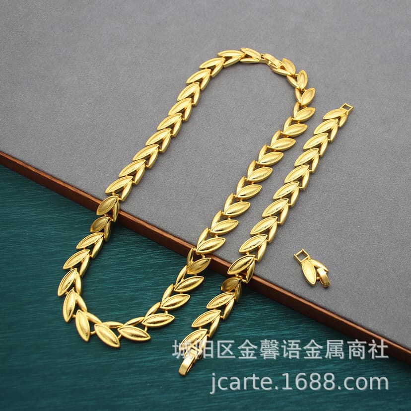 Middle Ancient Italian Plain Gold Necklace Bracelet suit Gold Wheat Brushed Gold Plated Necklace Antique Jewelry