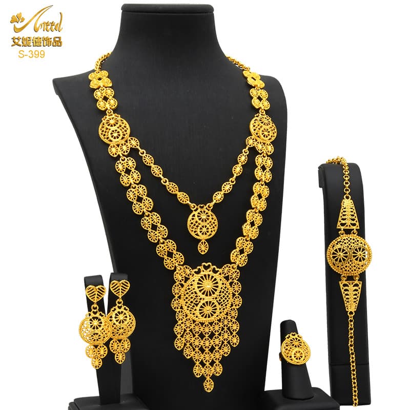 Gold-plated pendant jewelry suit bridal wedding jewelry alloy long necklace bracelet ring earrings cross-border hot sale