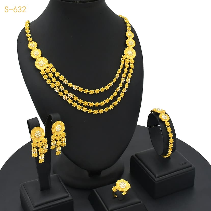 Dubai Saudi Women Gold Plated Jewelry Set Necklace Earrings Ring Bracelet Four Piece Set Middle East Bridal Jewelry