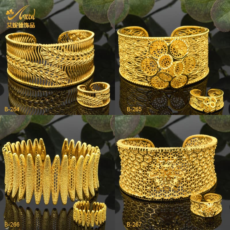 Cross Border Gold Plated Opening Copper Bracelet Set Ethnic Wind Sand Gold Jewelry Wedding Bridal Bracelet Ring Set Wholesale