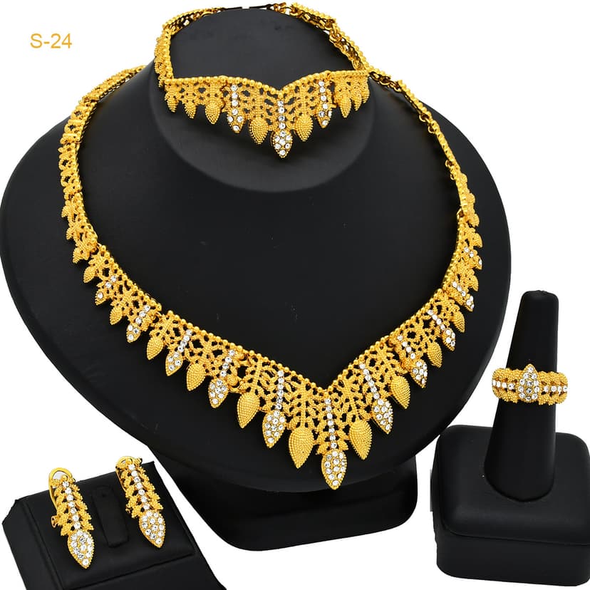 Dubai 24K Gold Jewelry Set Women Saudi Bride Wedding Necklace Earrings Ring Bracelet Four Piece Set Wholesale