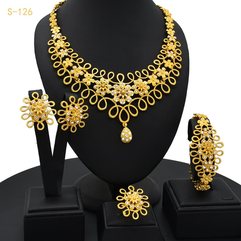 Middle Eastern Supply Gold-Plated Diamond Bridal Jewelry Four-Piece Set Necklace Earrings Bracelet Ring Jewelry Set Wholesale