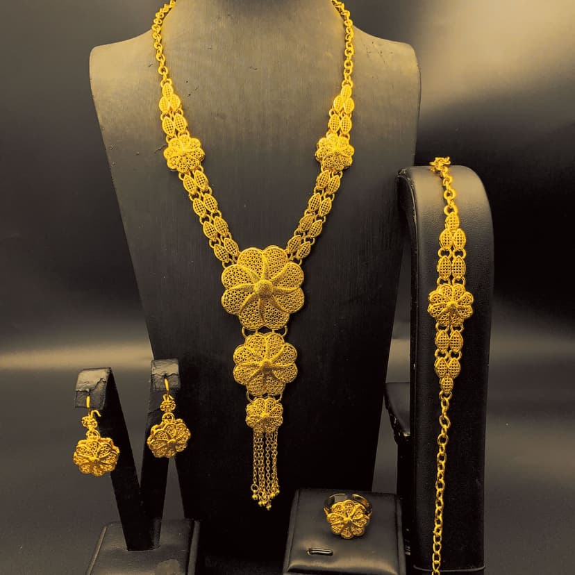 Imitation Gold Jewelry Set Necklace Bracelet Earrings Ring Bride Wedding Middle East Dubai Ladies Banquet Jewelry