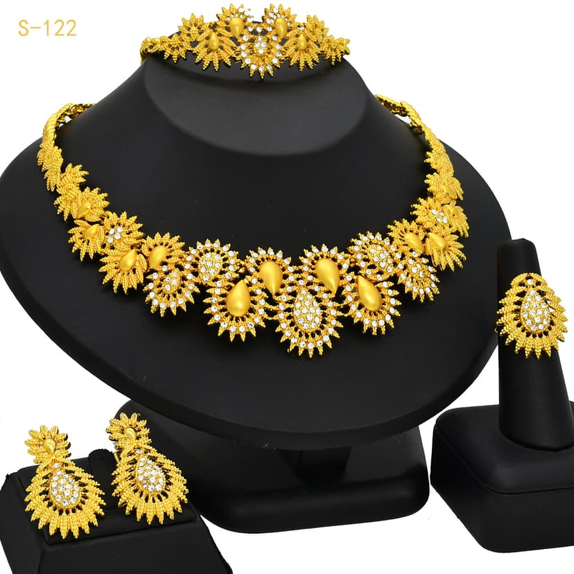 Middle Eastern Indian Jewelry Earrings and Rings Set Rhinestone Necklace Earrings Set Jewelry Starlight Luxury Four-Piece Set