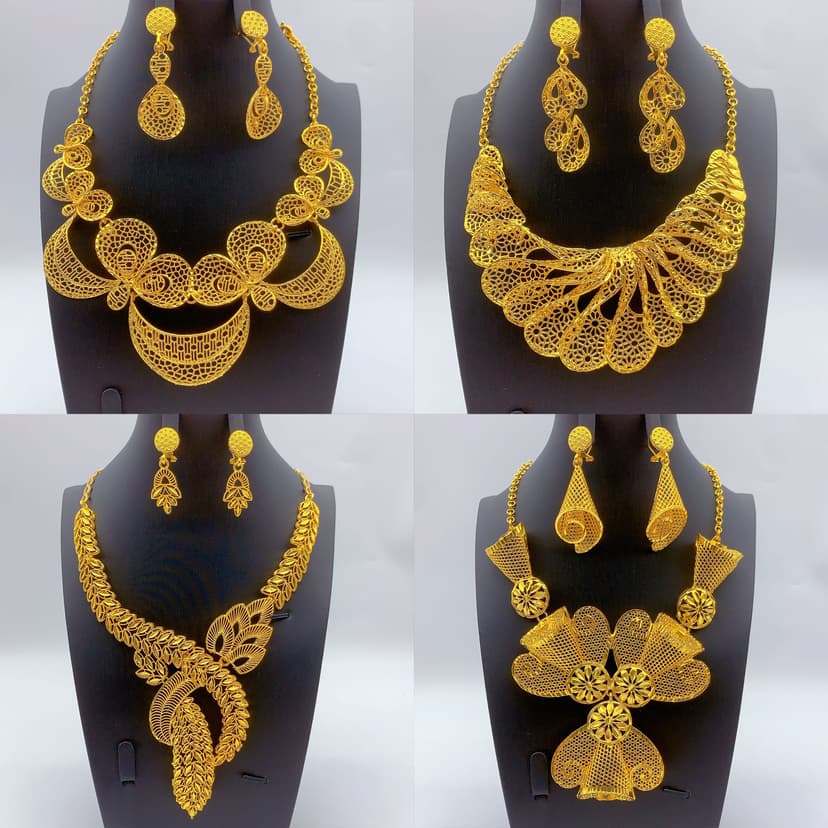 Dubai 24K Gold-Plated Hollow Necklace Earrings High-End Black Jewelry African Popular Bridal Two-Piece Suit