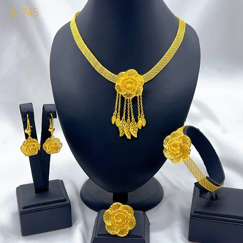 Cross-Border Dubai Women's Jewelry Necklace Bracelet Earrings Ring African 24K Gold-Plated Jewelry Four-Piece Set Jewelry