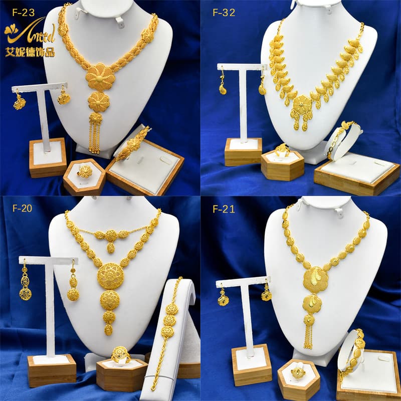 Cross-border Hot Sale Middle East Dubai Bride 24k Gold Plated Necklace Bracelet Earrings Ring Jewelry suit in stock Wholesale