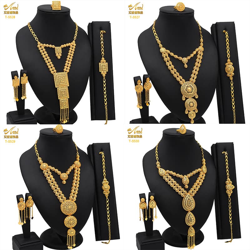 Cross-border hot Dubai gold not easy to fade tassel necklace bracelet ring earrings set manufacturers wholesale