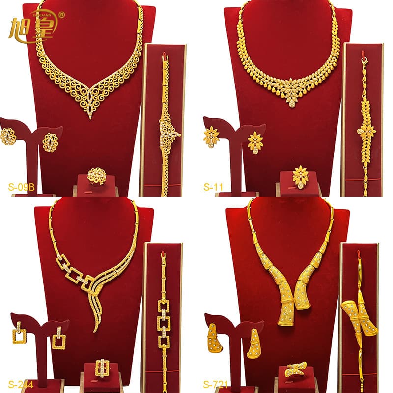 Cross-Border 24k gold Dubai bridal necklace earrings ring bracelet four-piece set jewelry source factory in stock wholesale